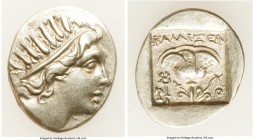 CARIAN ISLANDS. Rhodes. Ca. 88-84 BC. AR drachm (16.mm, 1.89 gm, 11h). XF. Plinthophoric standard, Callixei(nos), magistrate. Radiate head of Helios r...
