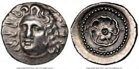 CARIAN ISLANDS. Rhodes. Ca. 84-30 BC. AR drachm (19mm, 4.11 gm, 12h). NGC AU 5/5 - 4/5. Radiate head of Helios facing, turned slightly left, hair part...