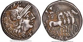 Q. Caecilius Metellus (ca. 130 BC). AR denarius (18mm, 11h). NGC Choice VF. Rome. Q•METE (ME and TE ligate), head of Roma right, wearing winged helmet...