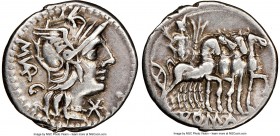 M. Vargunteius (ca. 130 BC). AR denarius (20mm, 3.91 gm, 7h). NGC VF 5/5 - 3/5, brushed. Rome. M•VARG (ligate), head of Roma right, wearing winged hel...
