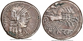 M. Fannius C. f. (ca. 123 BC). AR denarius (19mm, 3.60 gm, 1h). NGC Choice VF 5/5 - 3/5, scratches. Rome. ROMA, head of Roma right, wearing winged hel...