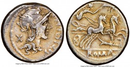 M. Cipius M. f. (ca. 115-114 BC). AR denarius (16mm, 3.98 gm, 2h). NGC VF 4/5 - 3/5, edge filing. Rome. M•CIPI•M•F (upwards) before, head of Roma righ...