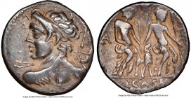 Lucius Caesius (ca. 112/1 BC). AR denarius (19mm, 5h). NGC VF. Rome. Bust of Vejovis left, hurling thunderbolt, viewed from behind, monogram behind / ...