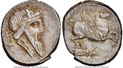 Q. Titius (90 BC). AR denarius (18mm, 3.93 gm, 12h). NGC AU 5/5 - 5/5. Rome. Head of male right, hair bound with winged diadem / Q. TITI on inscribed ...