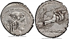 L. Julius Bursio (ca. 85 BC). AR denarius (20mm, 3.89 gm, 7h). NGC Choice AU 4/5 - 3/5, brushed. Rome. Laureate, winged, draped bust of Apollo Vejovis...