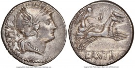 L. Rutilius Flaccus (ca. 77 BC). AR denarius (18mm, 3.67 gm, 6h). NGC Choice XF 5/5 - 5/5. Rome. FLAC, head of Roma right in winged helmet decorated w...