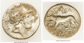 P. Satrienus (77 BC). AR denarius (17mm, 3.71 gm, 7h). XF, deposits, grainy surfaces. Rome. Helmeted head of young Mars right; LXXXI behind / ROMA / P...