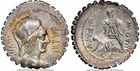 Mn. Aquillius m.f. (65 BC). AR serrate denarius (20mm, 3.89 gm, 5h). NGC Choice AU 3/5 - 4/5, adjusted flan. Rome. VIRTVS-III VIR, draped bust of Virt...