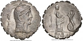L. Roscius Fabatus (64/59 BC). AR serratus denarius (18mm, 3.70 gm, 5h). NGC Choice AU 5/5 - 2/5. Rome. L ROSCI, head of Juno Sospita right, wearing g...