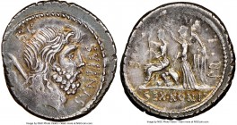 M. Nonius Sufenas (ca. 59/57 BC). AR denarius (17mm, 3.98 gm, 5h). NGC Choice XF 4/5 - 4/5, brushed. Rome. SVFENAS-S•C, head of Saturn right; harpa ab...