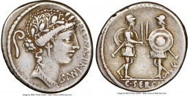 C. Servilius C.f. (ca. 57/53 BC). AR denarius (18mm, 3.83 gm, 6h). NGC VF 5/5 - 4/5. Rome. FLORAL•PRIMVS (AL and MV ligate), head of Flora right, wrea...
