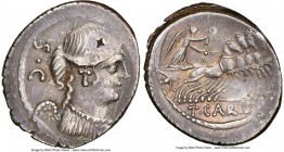 T. Carisius (ca. 46 BC). AR denarius (20mm, 3.85 gm, 7h). NGC Choice XF 3/5 - 3/5, bankers mark. Rome. S•C, draped and winged bust of Victory right, w...