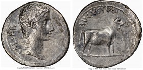 Augustus (27 BC-AD 14). AR denarius (19mm, 1h). NGC XF, brushed. Pergamum, ca. 27 BC. CAESAR, bare head of Augustus right; dotted border / AVGVSTVS, b...
