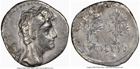 Augustus (27 BC-AD 14). AR denarius (19mm, 5h). NGC Choice Fine, bankers mark. Uncertain Spanish mint (Colonia Patricia?), ca. 20-16 BC. Laureate head...