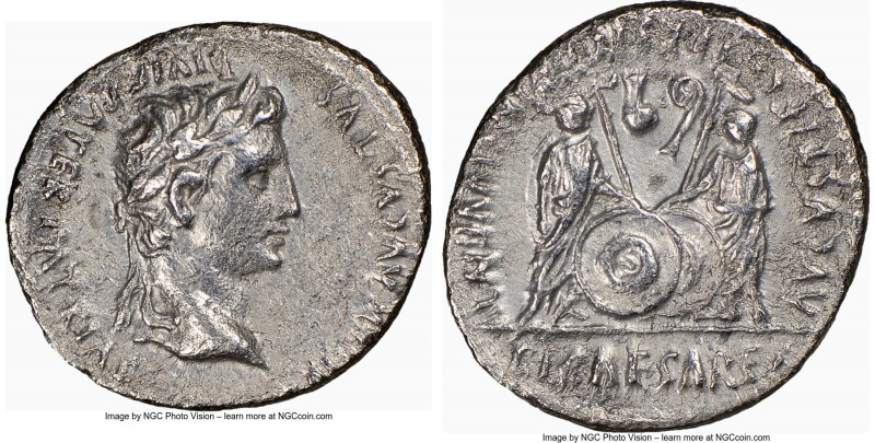 Augustus (27 BC-AD 14). AR denarius (20mm, 3.26 gm, 2h). NGC AU 5/5 - 2/5. Lugdu...