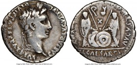 Augustus (27 BC-AD 14). AR denarius (18mm, 3.51 gm, 6h). NGC VF 4/5 - 3/5. Lugdunum, 2 BC-AD 4. CAESAR AVGVSTVS-DIVI F PATER PATRIAE, laureate head of...