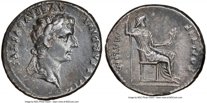 Tiberius (AD 14-37). AR denarius (18mm, 3.56 gm, 2h). NGC Choice XF 5/5 - 2/5. L...