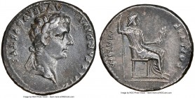 Tiberius (AD 14-37). AR denarius (18mm, 3.56 gm, 2h). NGC Choice XF 5/5 - 2/5. Lugdunum, ca. AD 18-35. TI CAESAR DIVI-AVG F AVGVSTVS, laureate head of...