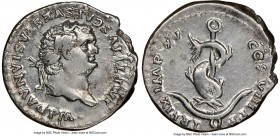 Titus (AD 79-81). AR denarius (19mm, 3.19 gm, 7h). NGC Choice VF 5/5 - 2/5, brushed. Rome, AD 80. IMP TITVS CAES VESPASIAN AVG P M, laureate head of T...