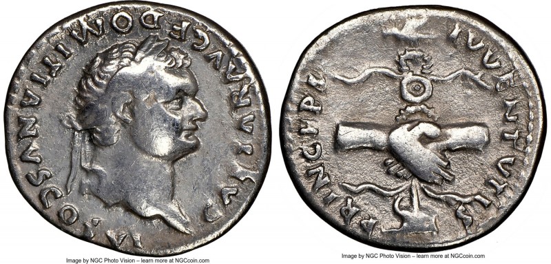 Domitian, as Caesar (AD 81-96). AR denarius (18mm, 5h). NGC Choice Fine. Rome, A...