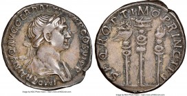 Trajan (AD 98-117). AR denarius (19mm, 3.26 gm, 7h). NGC Choice VF 5/5 - 3/5, scratches. Rome, AD 113-114. IMP TRAIANO AVG GER DAC P M TR P COS VI P P...