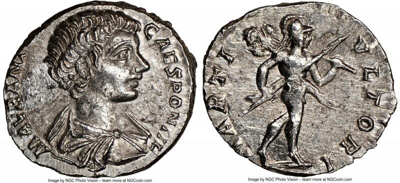 Caracalla, as Caesar (AD 198-217). AR denarius (17mm, 2.47 gm, 6h). NGC MS 4/5 -...