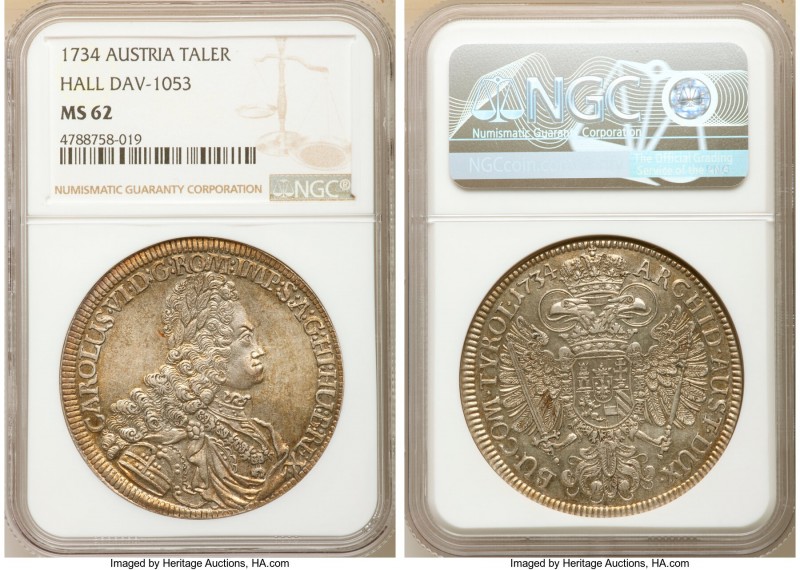 Karl VI Taler 1734 MS62 NGC, Hall mint, KM1594, Dav-1053. Golden brown toning. ...