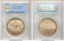 Belgian Colony 50 Francs 1944 MS63 PCGS, KM27. A choice piece with the popular African elephant motif, soft champagne glow, and an interesting demilun...