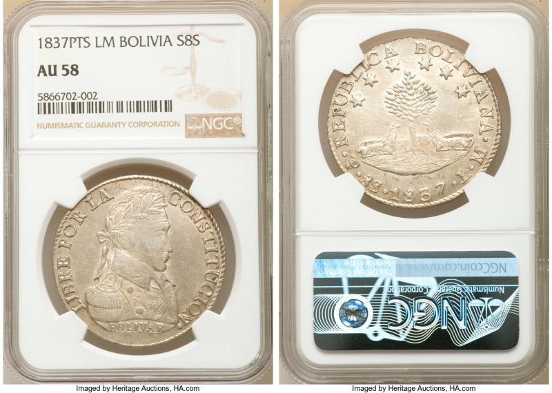 Republic 8 Soles 1837 PTS-LM AU58 NGC, Potosi mint, KM97. This popular issue is ...