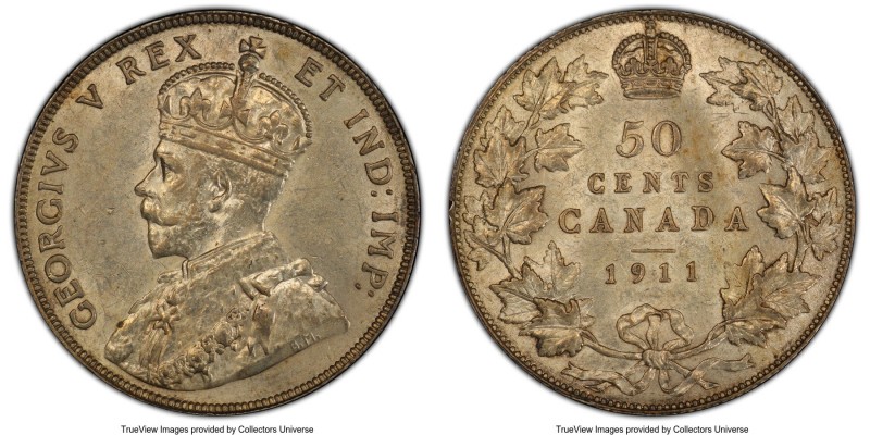 George V 50 Cents 1911 AU58 PCGS, Ottawa mint, KM19. Nearly fully detailed, with...