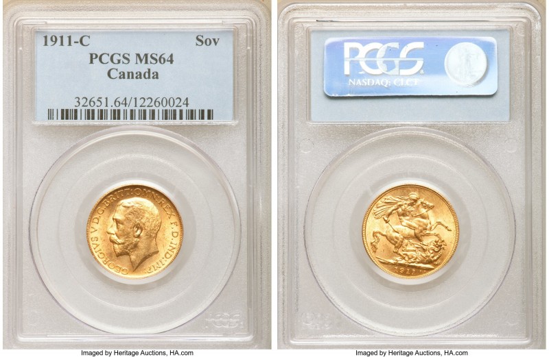 George V gold Sovereign 1911-C MS64 PCGS, Ottawa mint, KM20. A near gem specimen...