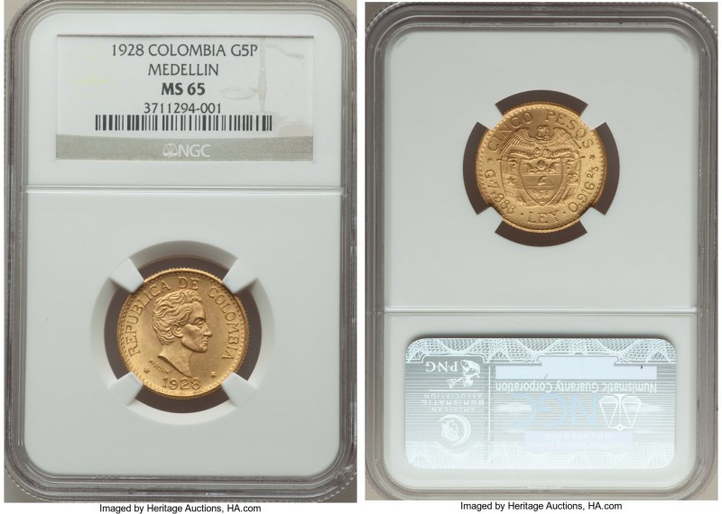 Republic gold 5 Pesos 1928-MEDELLIN MS65 NGC, Medellin mint, KM204. AGW 0.2355 o...
