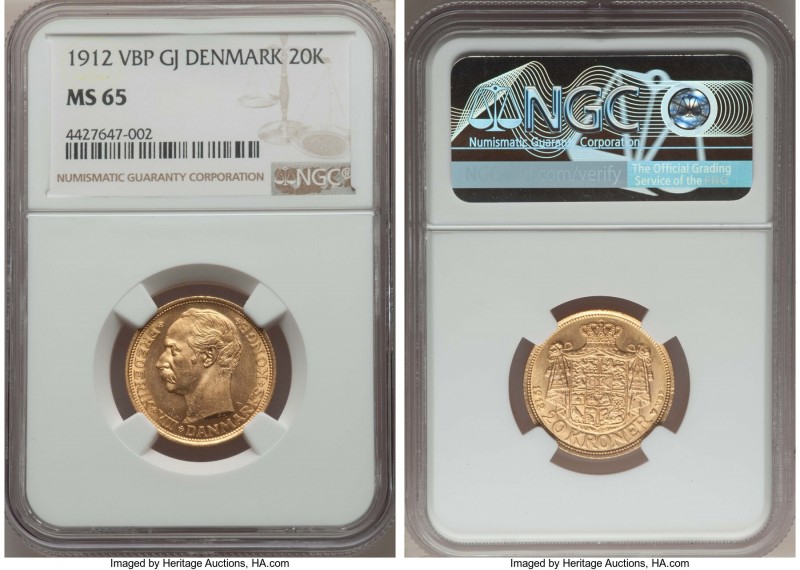 Frederick VIII gold 20 Kroner 1912 VBP-GJ MS65 NGC, Copenhagen mint, KM810. AGW ...