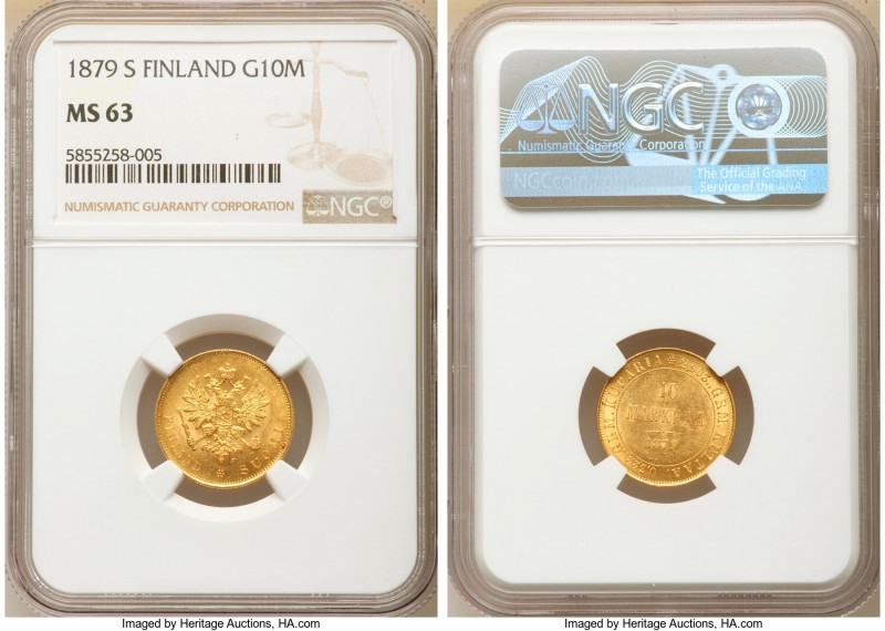 Russian Duchy. Nicholas II gold 10 Markkaa 1879-S MS63 NGC, KM8.2. A choice exam...