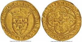 Charles VI gold Ecu d'Or a la couronne ND (1380-1422) UNC Details (Reverse Scratched) NGC, La Rochelle mint (pellet beneath 9th letter), Dup-369B. 28m...