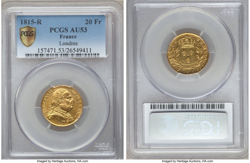 Louis XVIII gold 20 Francs 1815-R AU53 PCGS, London mint, KM706.7, Gad-1027. Str...