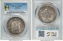 Republic 5 Francs 1876-A MS65 PCGS, Paris mint, KM820.1, Gad-745a. Popular Hercules group type, attractively toned over lustrous surfaces with a bold ...