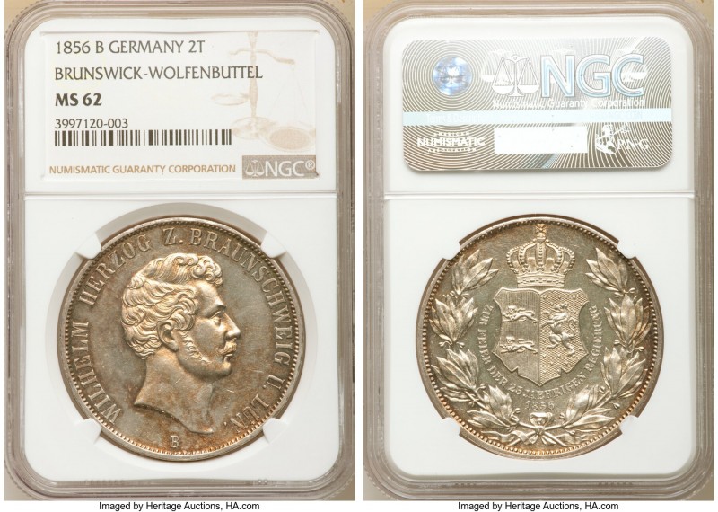 Brunswick-Wolfenbüttel. Wilhelm 2 Taler 1856-B MS62 NGC, Hannover mint, KM1149, ...