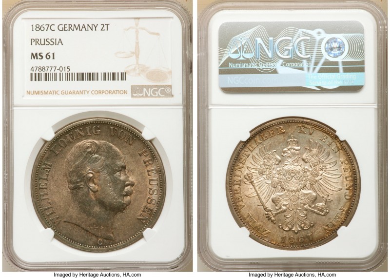 Prussia. Wilhelm I 2 Taler 1867-C MS61 NGC, Cleve mint, KM496. Rose-gold and gra...