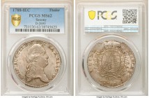 Saxony. Friedrich August III Taler 1788-IEC MS62 PCGS, Dresden mint, KM992.2, Dav-2695. Subdued luster with rose-gray and teal toning. 

HID09801242...