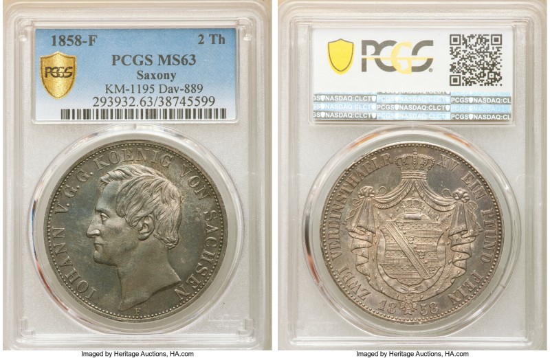 Saxony. Johann 2 Thaler 1858-F MS63 PCGS, Dresden mint, KM1195, Dav-889. Graphit...