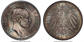 Saxony. Friedrich August III 2 Mark 1905-E MS66 PCGS, Muldenhutten mint, KM1263. Lustrous fields draped in ashen-gray toning with blue-green, gold and...