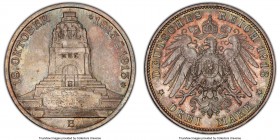 Saxony. Friedrich August III 3 Mark 1913-E MS66 PCGS, Muldenhutten mint, KM1275. Monument divides date above / Crowned imperial eagle with shield on b...
