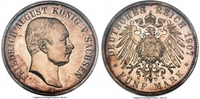 Saxony. Friedrich August III Proof 5 Mark 1907-E PR64+ PCGS, Muldenhutten mint, KM1266, J-136. Decorated in a balanced silver and lilac patina, lumino...