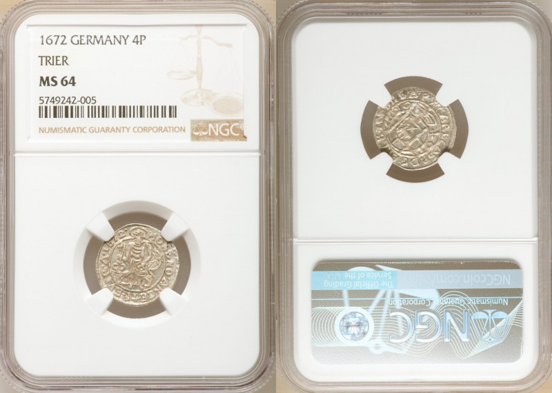 Trier. Carl Caspar 4 Pfennig 1672 MS64 NGC, KM127. 

HID09801242017

© 2020 ...