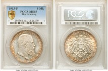 Württemberg. Wilhelm II 5 Mark 1913-F MS65 PCGS, Stuttgart mint, KM632. Florescent orange peripheral toning. 

HID09801242017

© 2020 Heritage Auc...