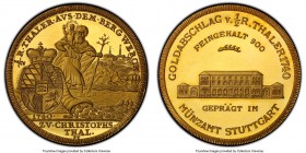 Württemberg gold Specimen Medal 1740-Dated (1957) SP64 PCGS, Museler-77/9. 34.65mm. 20.01gm. A charming medal with frosted devices and heavily mirrore...