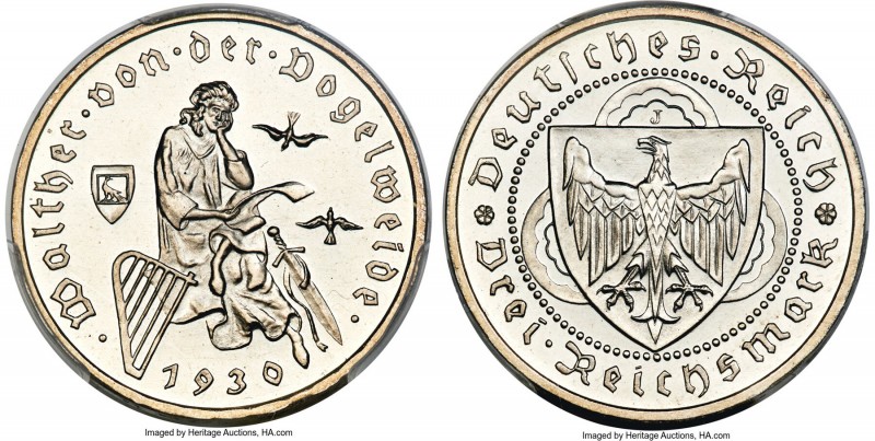 Weimar Republic Proof "Vogelweide" 3 Mark 1930-J PR67 Cameo PCGS, Hamburg mint, ...