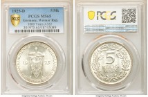 Weimar Republic "Rhineland" 5 Mark 1925-D MS65 PCGS, Munich mint, KM47, J-322. Commemorates 1000 years of the Rhineland. Satin white surfaces free of ...