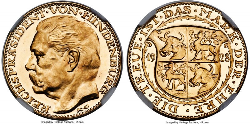 Weimar Republic gold Medallic "Hindenburg" 20 Mark 1928-Dated MS65 NGC, KM-X3, K...